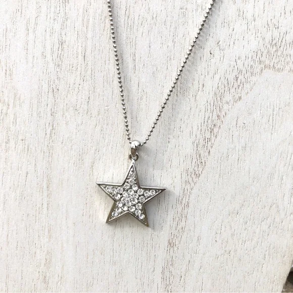 Silver Tone Star Necklace with Rhinestones - Picture 3 of 5